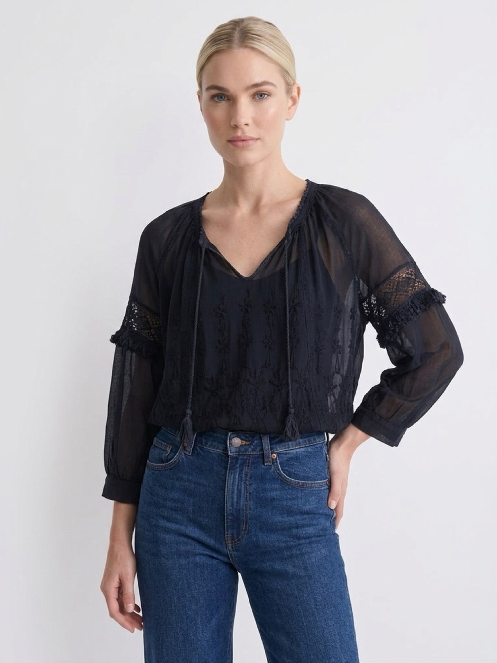 Ulla Johnson Emma Embroidered Silk Peasant Blouse Midnight Size 6